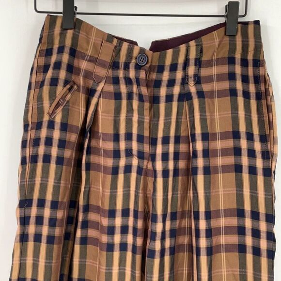 Tiny Multicolor Plaid Pleated Front Wide Leg Natural Slubs Trouser Pants Size 4 - Picture 5 of 8
